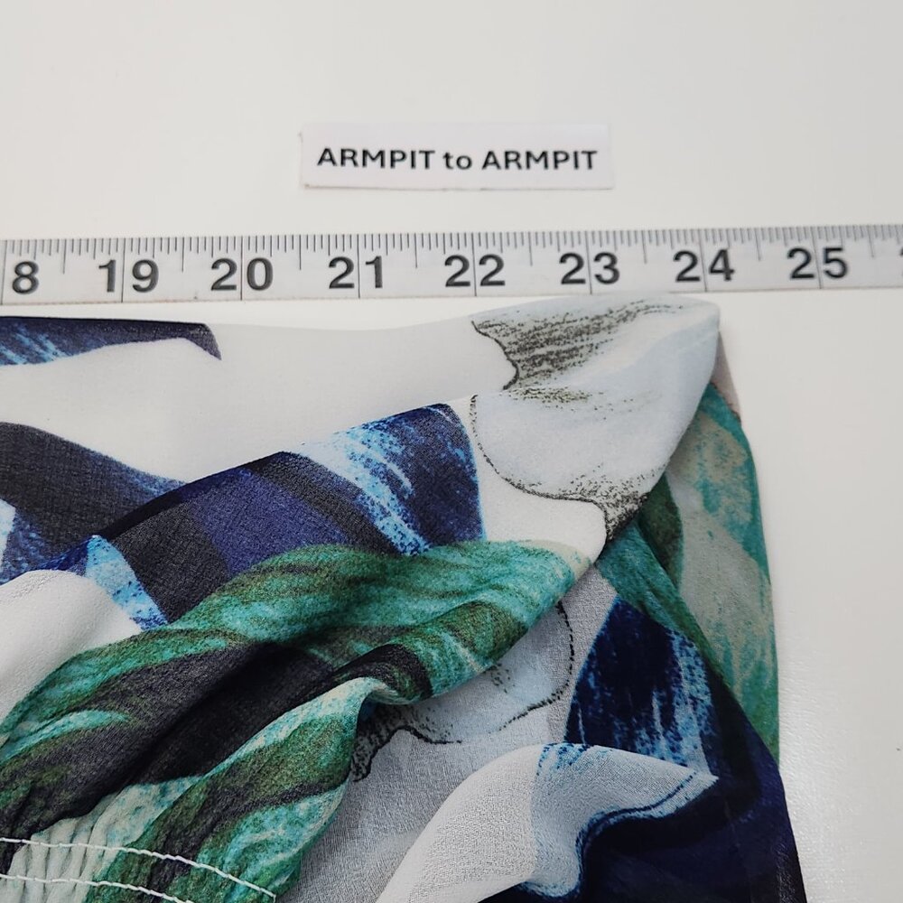White House Black Market White Floral V-Neck Blouse with Blue and Green Print - Picture 8 of 10
